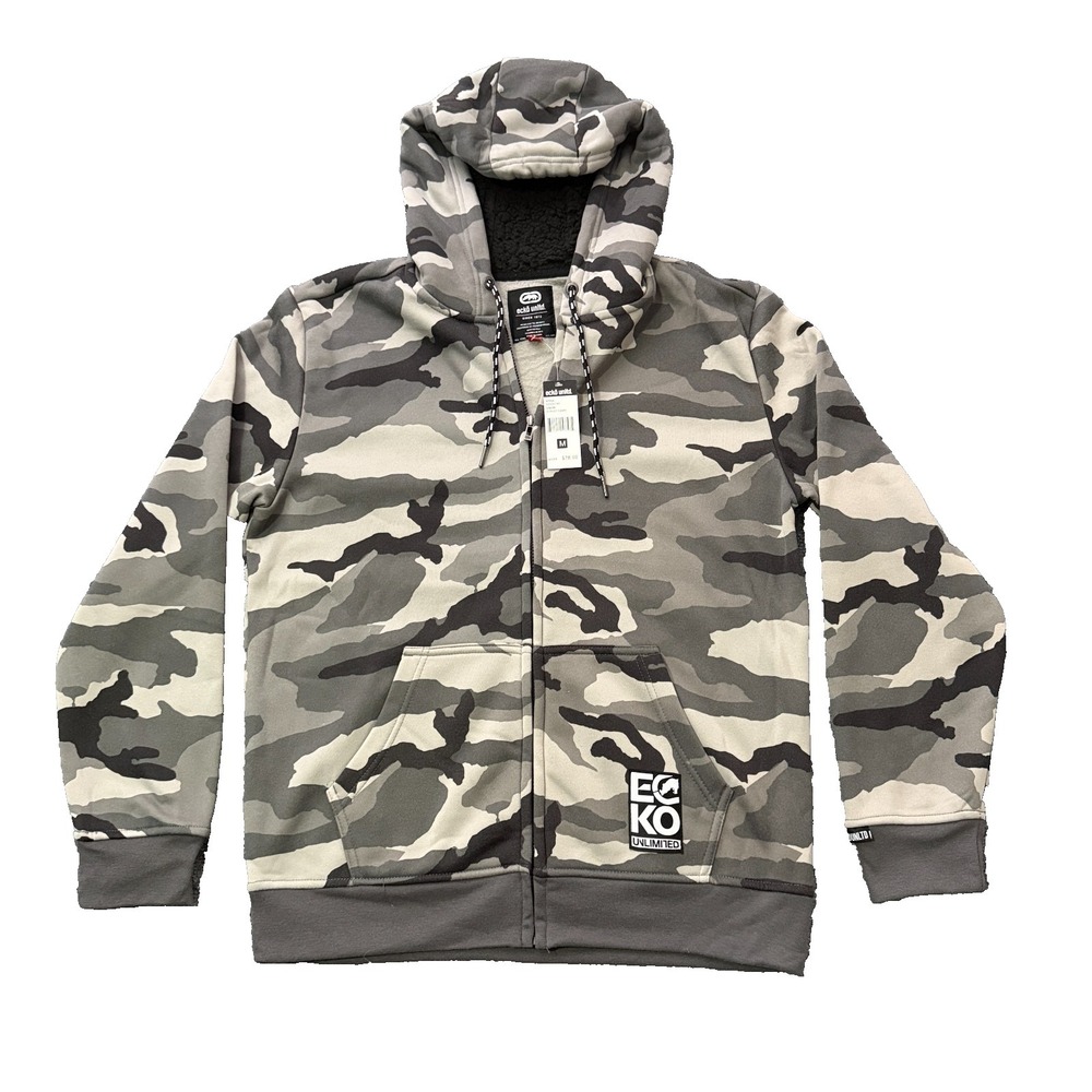 Ecko Unltd Mens Medium Sherpa Lined Hoodie Gray Camo Full Zip Sweatshirt NWT